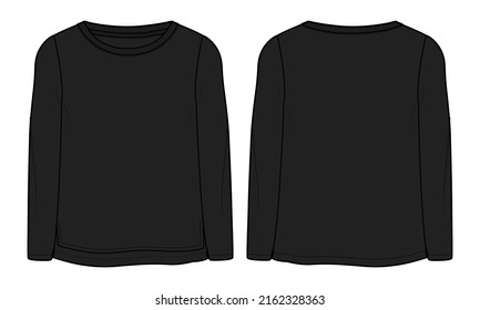 Long Sleeve T Shirt Tops Technical Fashion Flat Sketch Vector Illustration Black Color Template For Ladies. Basic Apparel Design Women's Unisex Mockup CAD.