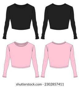 Camisetas de manga larga blusa dibujo técnico dibujo plano dibujo plano ilustración vectorial plantilla de color negro y rosa para las mujeres aisladas en fondo blanco