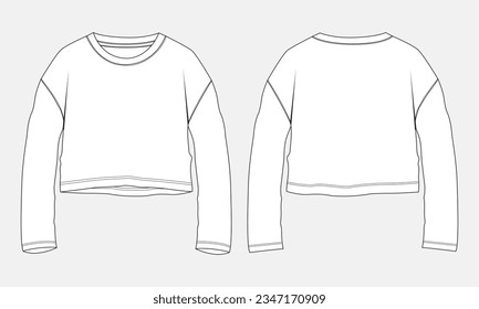 Long sleeve t shirt tops blouse technical drawing fashion flat sketch vector illustration template for ladies