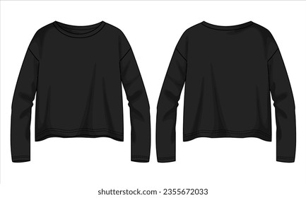 Long sleeve t shirt tops blouse technical drawing fashion flat sketch vector illustration black color  template for ladies