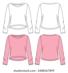 Long sleeve t shirt tops technical drawing fashion flat sketch vector illustration white and purple color template for women's