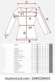 Long sleeve t shirt tops dress design for ladies with measurements chart details vector illustration