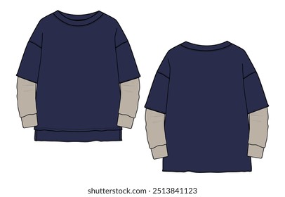 Long sleeve t shirt  vector illustration navy color template front and back views