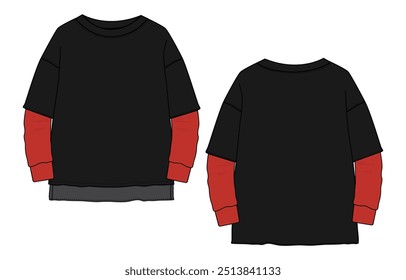 Long sleeve t shirt  vector illustration black color template front and back views