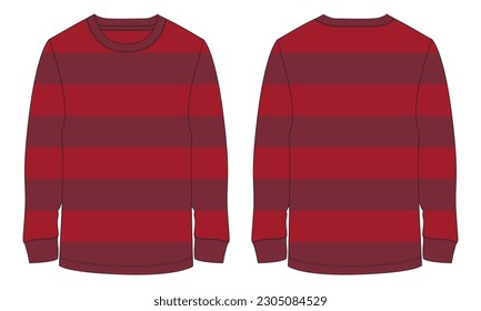 Long sleeve t shirt with yarn dry all over strip technical drawing fashion flat sketch vector illustration template front and back views