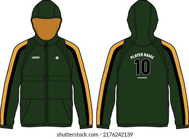 Long sleeve tech shell bomber Hoodie jacket design flat sketch Illustration, Hooded utility jacket with front and back view, winter jacket for Men and women. for hiker, outerwear and workout in winter