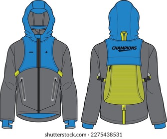 Chaqueta de concha de la tecnología de manga larga con dibujo plano desmontable de carenado Ilustración, chaqueta encapuchada con vista frontal y posterior de la mochila, chaqueta de invierno para hombres y mujeres. ropa interior de corredor gratis