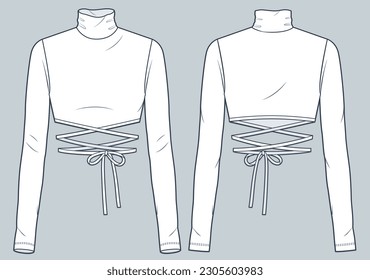 Long Sleeve Tie Top fashion flat technical drawing template. Women's Crop Top technical fashion Illustration, roll neck, slim fit, front and back view, white, women CAD mockup.