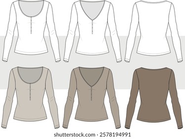 Long sleeve top set technical fashion illustration, with buttons close-fitting shape, fashion technical drawing template, v neck, round, front and back view, women, girl, CAD mockup.