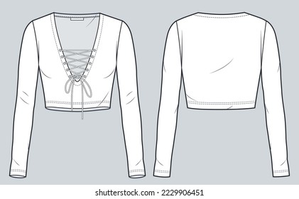 Long Sleeve Top technical fashion illustration. Women's Top fashion flat technical drawing template, v neck, cropped, slim fit, lace-up, front and back view, white, CAD mockup set.