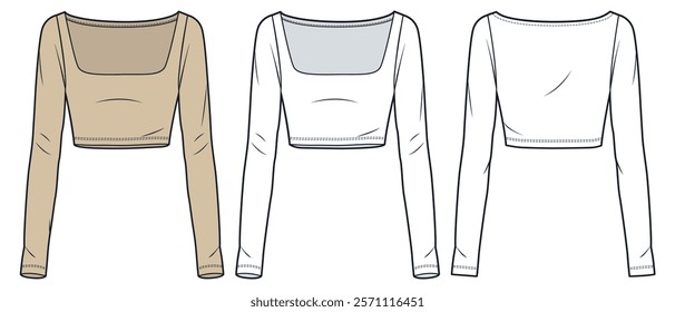 Long Sleeve Top technical fashion illustration. Crop Top fashion flat technical drawing template, square neck, slim fit, front and back view, white, beige, women CAD mockup set.