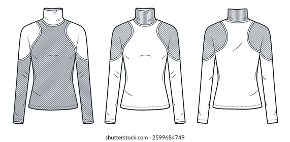 Long Sleeve Top Technical Fashion Illustration. Turtleneck Top fashion flat technical drawing template, slim fit, ribbed, front and back view, white, grey, women, men, unisex CAD mockup set.