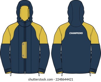 Long sleeve track Hoodie jacket design flat sketch Illustration, tracksuit Hooded utility jacket with front and back view, winter jacket for Men and women. for running, outerwear and workout in winter