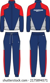 Long sleeve track suit jacket sweatshirt with jogger track bottom design flat sketch Illustration, running jacket with sweat pant front and back view, winter jacket for Men and women. Winter outerwear