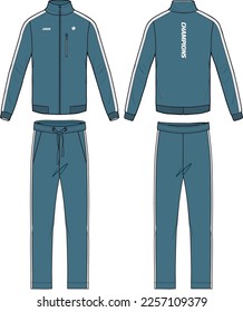 Long sleeve track suit jacket sweatshirt with jogger track bottom design flat sketch Illustration, running jacket with sweat pant front and back view, winter jacket for Men and women. Winter outerwear svg