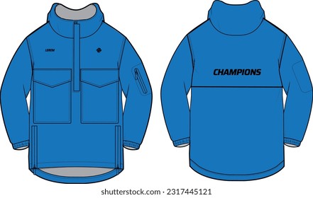 Long sleeve travel anorak Hoodie jacket design flat sketch Illustration, Hooded utility jacket with front and back view, winter jacket for Men and women. for hiker, outerwear and workout in winter