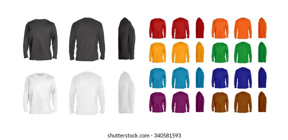 Long sleeve t-shirt big collection of different colors, front, side and back view, vector eps10 illustration.