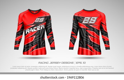 Long sleeve t-shirt design. Motocross racing jersey mockup. Sport uniform front and back view