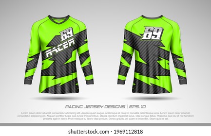 Diseño de camisetas de manga larga. Mockup de la camiseta de carreras de Motocross. Vista frontal y posterior de uniforme deportivo