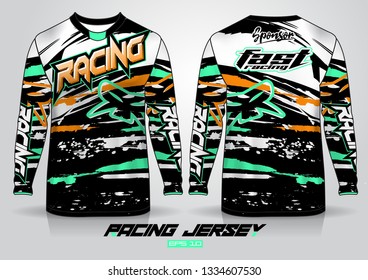 Long sleeve t-shirt design template, Motorcycle racing jersey mockup. uniform front and back view. Vector