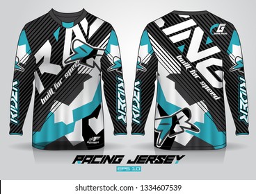 Long Sleeve T-shirt Design Template, Motorcycle Racing Jersey Mockup. Uniform Front And Back View. Vector