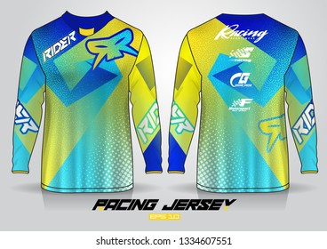 Long sleeve t-shirt design template, Motorcycle racing jersey mockup. uniform front and back view. Vector
