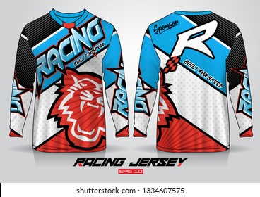 Long sleeve t-shirt design template, Motorcycle racing jersey mockup. uniform front and back view. Vector