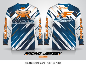 Long sleeve t-shirt design template, Motorcycle racing jersey mockup. uniform front and back view. Vector