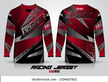 Long sleeve t-shirt design template, Motorcycle racing jersey mockup. uniform front and back view. Vector