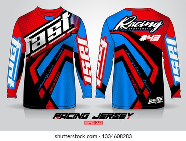 Long sleeve t-shirt design template, Motorcycle racing jersey mockup. uniform front and back view. Vector