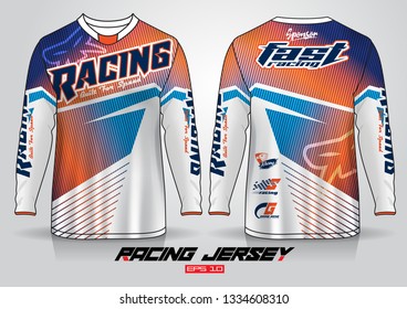 Long sleeve t-shirt design template, Motorcycle racing jersey mockup. uniform front and back view. Vector
