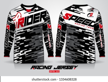 Long sleeve t-shirt design template, Motorcycle racing jersey mockup. uniform front and back view. Vector