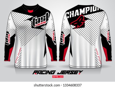 Long Sleeve T-shirt Design Template, Motorcycle Racing Jersey Mockup. Uniform Front And Back View. Vector