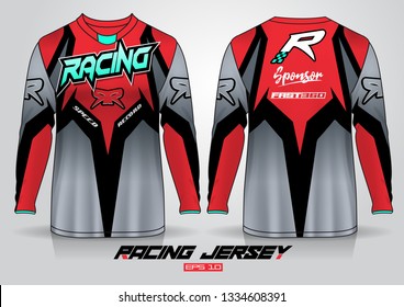Long sleeve t-shirt design template, Motorcycle racing jersey mockup. uniform front and back view. Vector