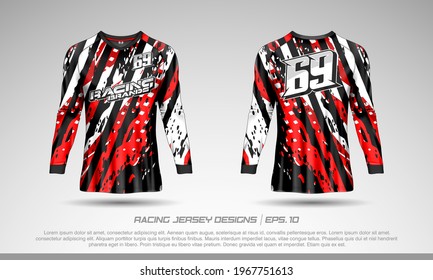 Long sleeve t-shirt design template, Motocross racing jersey mockup. Sport uniform front and back view