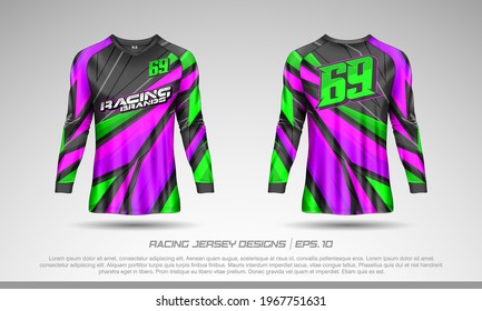 Long sleeve t-shirt design template, Motocross racing jersey mockup. Sport uniform front and back view