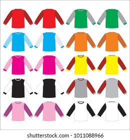 Long sleeve t-shirt of different colors, front and back view, vector template