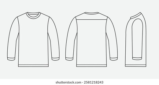 Long sleeve t-shirt drawing template. Blank apparel mockup for clothing design, branding, fashion, and customization. Front, back, and side views of a minimalist unisex shirt.