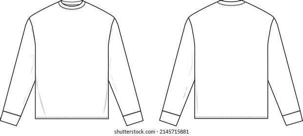 Long sleeve t-shirt flat technical drawing illustration mock-up template for design and tech packs men or unisex fashion streetwear blank.