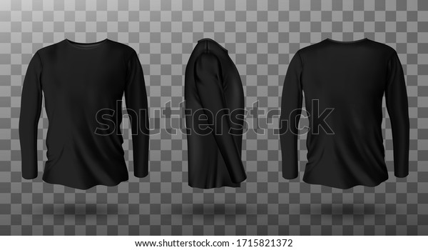 Long sleeve\
t-shirt for man front, side and back view. Vector realistic mockup\
of male black tee, sweater, sport or casual apparel with round neck\
isolated on transparent\
background