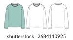 Long Sleeve T-Shirt Technical Drawing Template | Unisex Crew Neck Top CAD Mockup Front and Back View | Fashion Flat Sketch