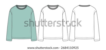 Long Sleeve T-Shirt Technical Drawing Template | Unisex Crew Neck Top CAD Mockup Front and Back View | Fashion Flat Sketch