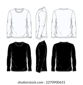 Long sleeve t-shirt template, front, side and back views, black and white colors