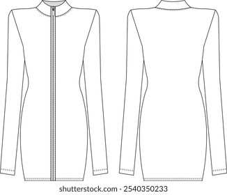 long sleeve turtleneck high neck zippered body con tight short mini dress template technical drawing flat sketch cad mockup fashion woman design style model 