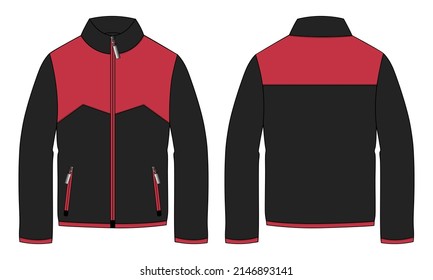 Manga larga de dos tonos de color negro y rojo Chaqueta técnica de la moda de dibujo plano modelo de ilustración vectorial de las vistas frontal y posterior. La chaqueta del bombardero de ropa se burla de la tarjeta. Fácil edición y personalizable