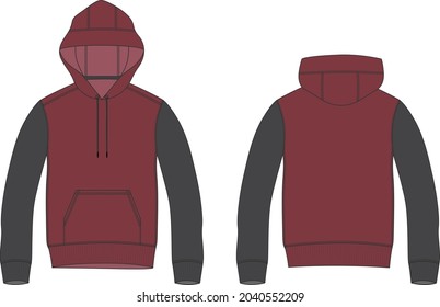 Long sleeve two tone Red, Black Hoodie technical fashion Flat sketch Vector template. Apparel dress design vector illustration Drawing mockup jacket CAD. Cotton fleece jersey Hoodie Clothing design.