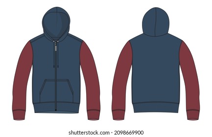 Long sleeve two tone Red, Navy Color Hoodie technical fashion Flat sketch Vector template. Apparel dress design vector  Drawing mock up jacket CAD. Cotton fleece jersey Hoodie Clothing design.