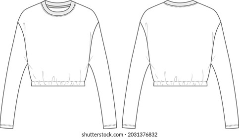 Long sleeve Under bust tops crew neckline technical fashion Sketch vector Template For ladies. Flat blouse Mock up front and  back Views.