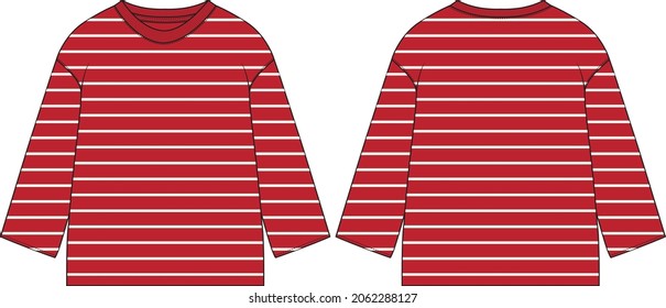 Long sleeve With vertical stripe all over print Sweatshirt Fashion Flat Sketch vector illustration red color template front Back views. Apparel clothing mock up for ladies isolated on white Background