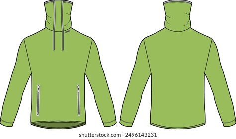 Long sleeve weather funnel sweater jacket design flat sketch Illustration, Fleece jacket front and back view, Anorak winter jacket for Men and women. for training, Running and workout in winter.